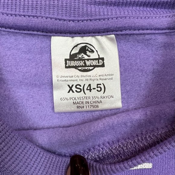 New Girls Jurassic World Fleece Pullover Sweatshirt Purple Size XS 4/5 - Picture 2 of 3
